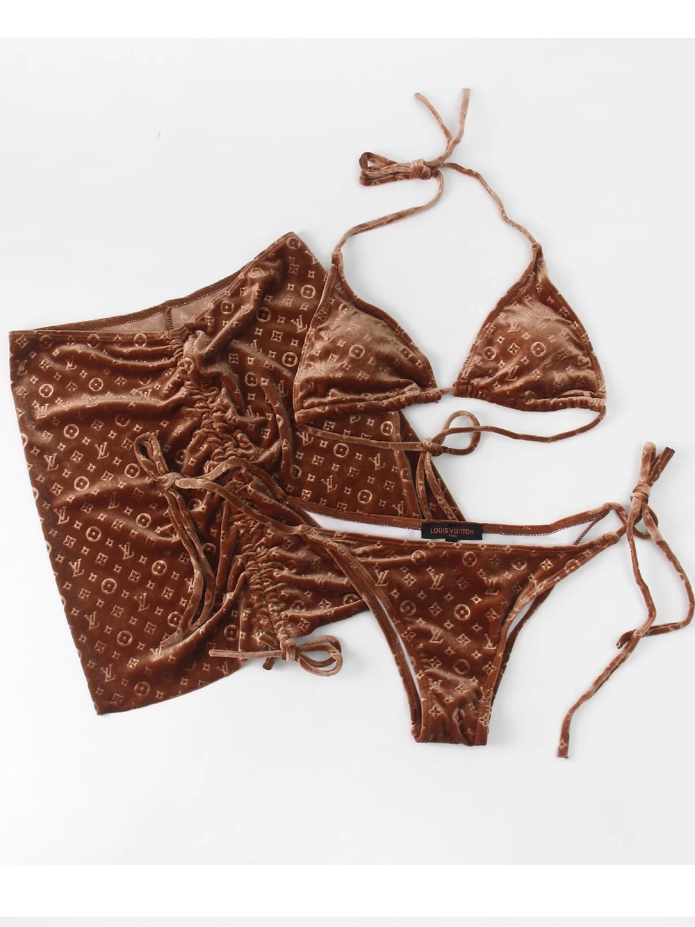 Brown Velvet Monogram 3-Piece Bikini Set w/Cover Up Skirt Size: M - NWT
